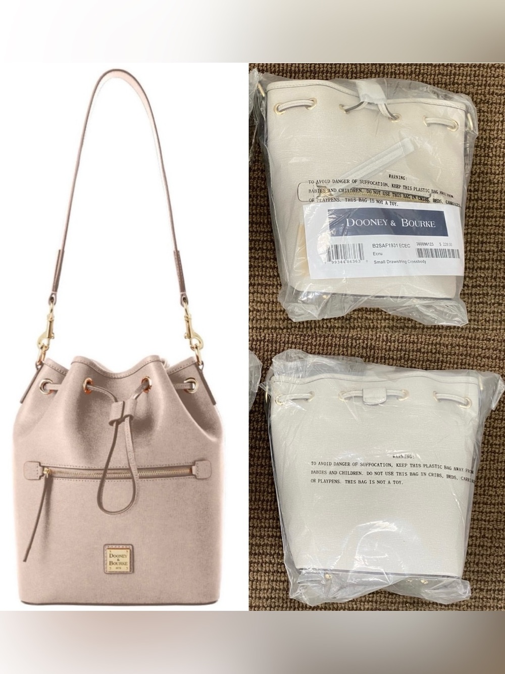 Dooney & Bourke Ecru Saffiano Small leather drawstring crossbody purse
